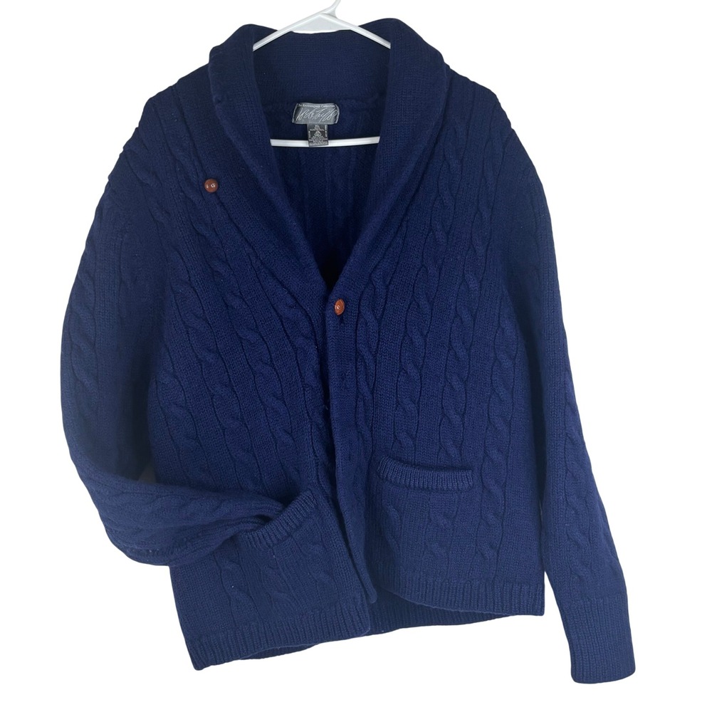Peter Taylor Worsted Wool Cardigan Sweater XL Navy Blue Cable Knit Shawl Collar